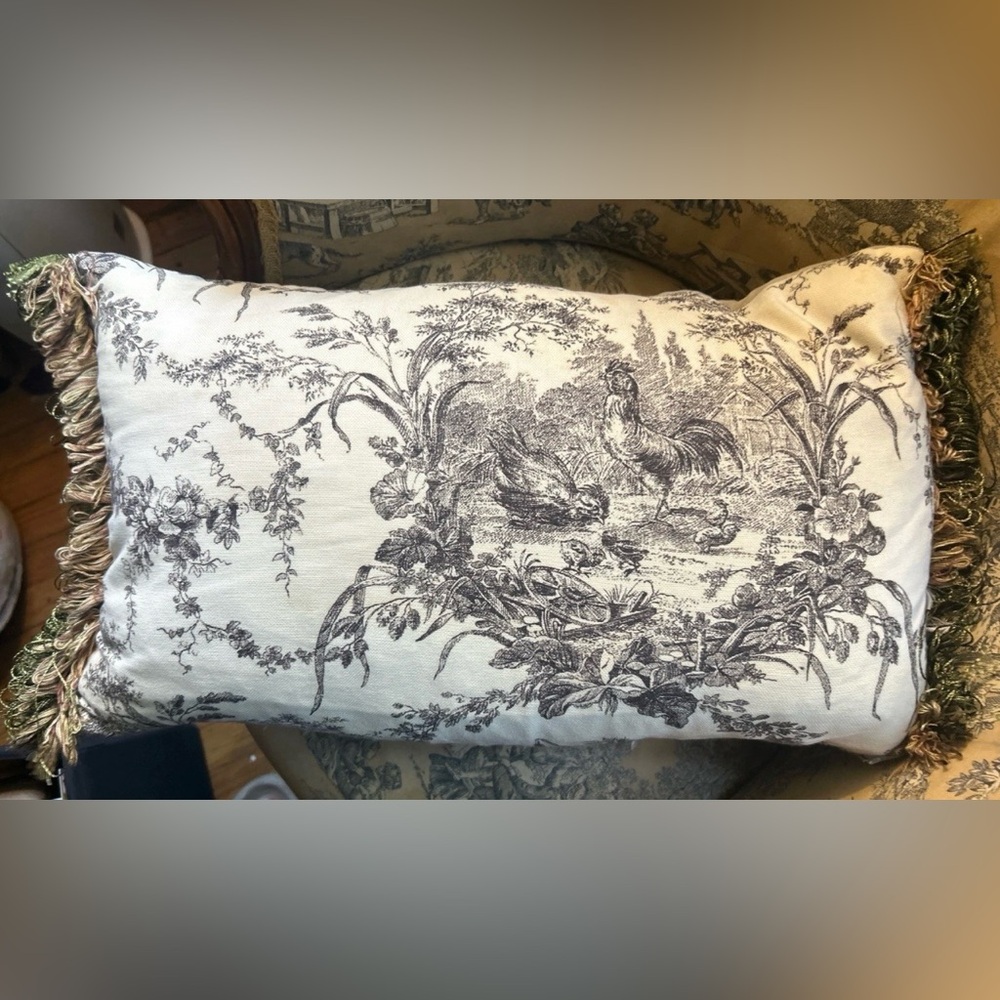 Vintage Waverly Linen French Toile Rooster , Down Filled Pillow 22” X 12”